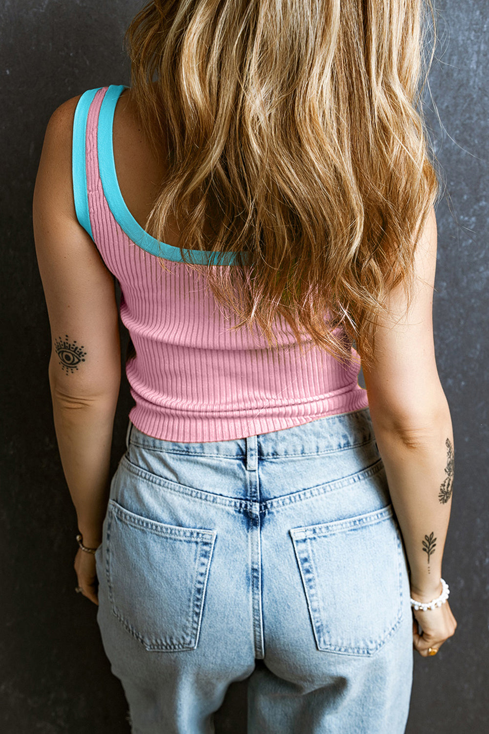 Pink And Mint Green Contrast Trim U Neck Ribbed Knit Tank Top