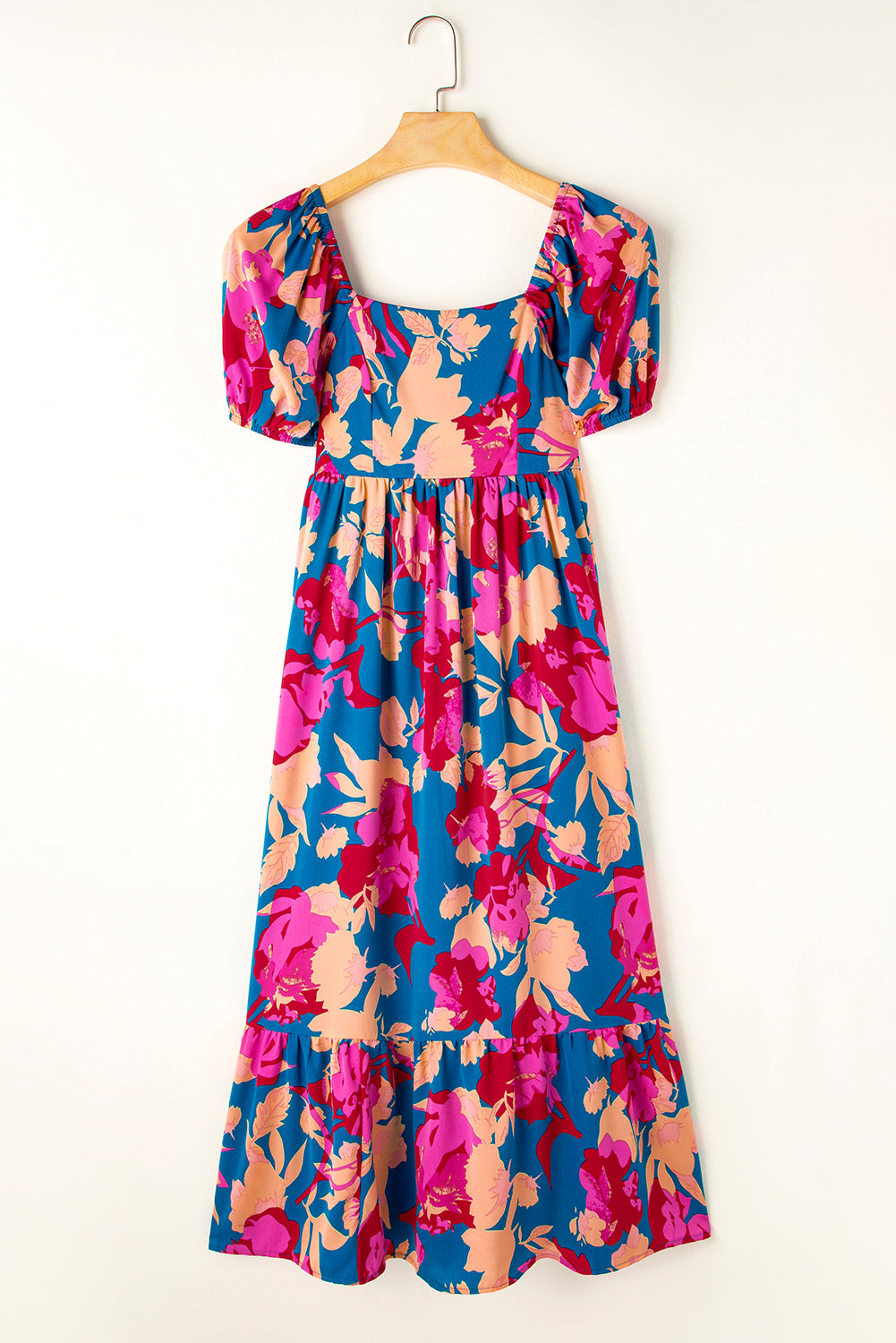 Boho Square Neck Bubble Sleeve Ruffled Floral Dress