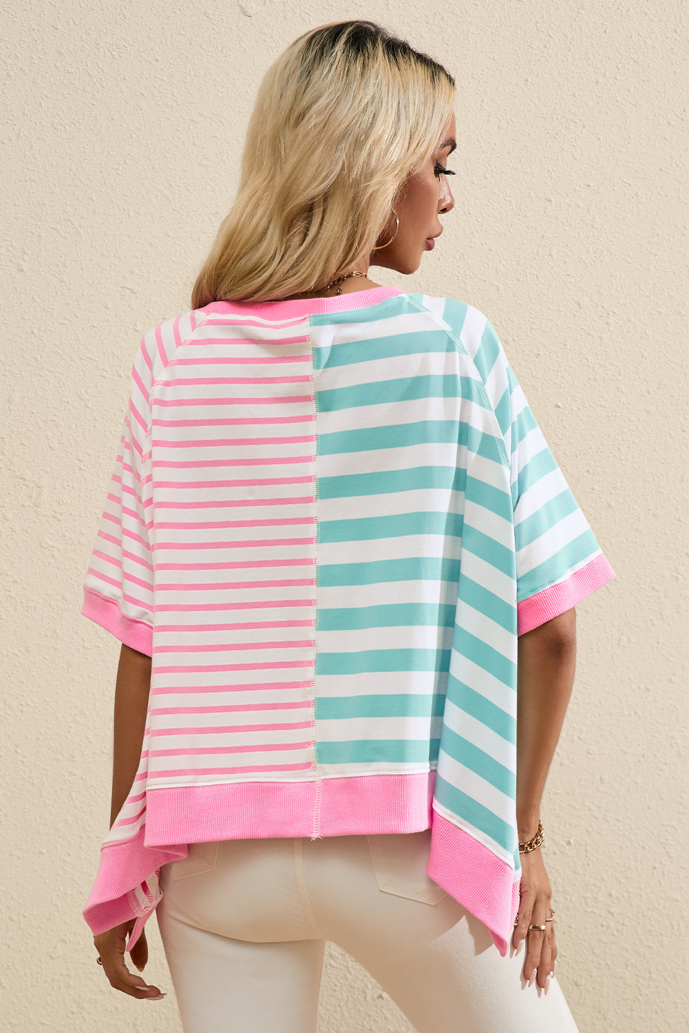 Pink Stripe Contrast Patchwork Oversized T Shirt