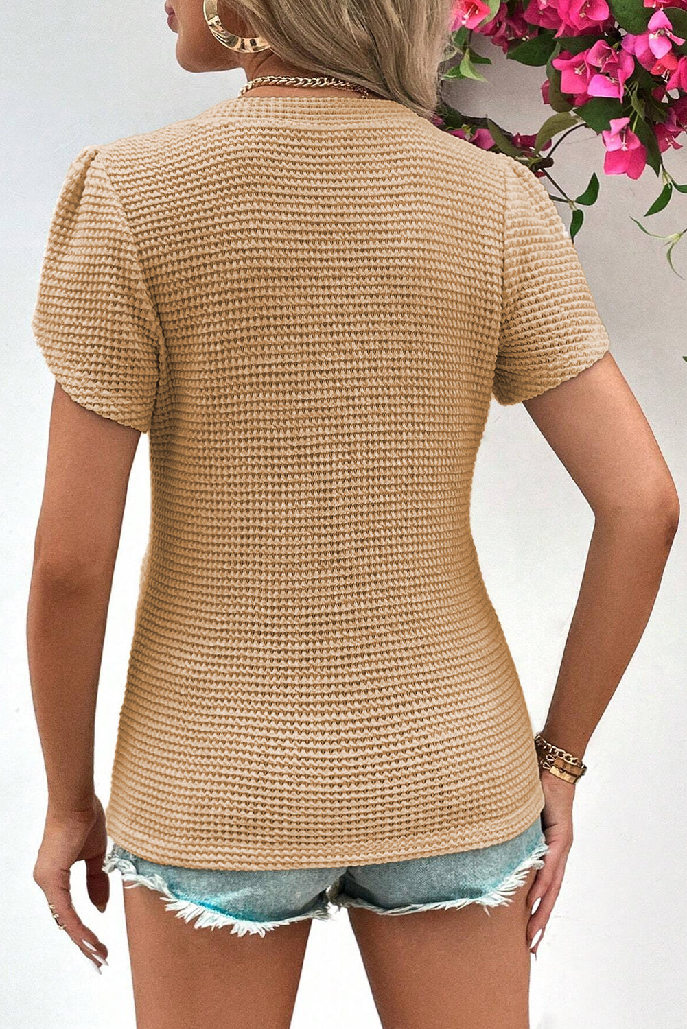 Mist Green V Neck Petal Sleeve Waffle Knit T-Shirt