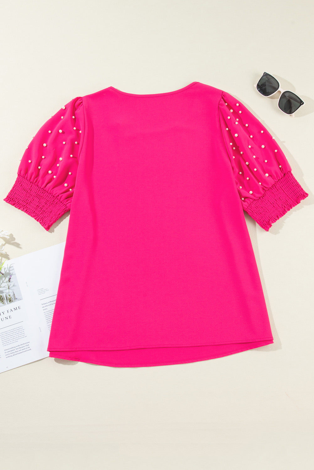 Plus Size Pearl Detail Round Neck Short Sleeve Blouse