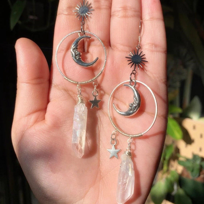 Crescent Moon And Star Celestial Crystal Drop Earrings