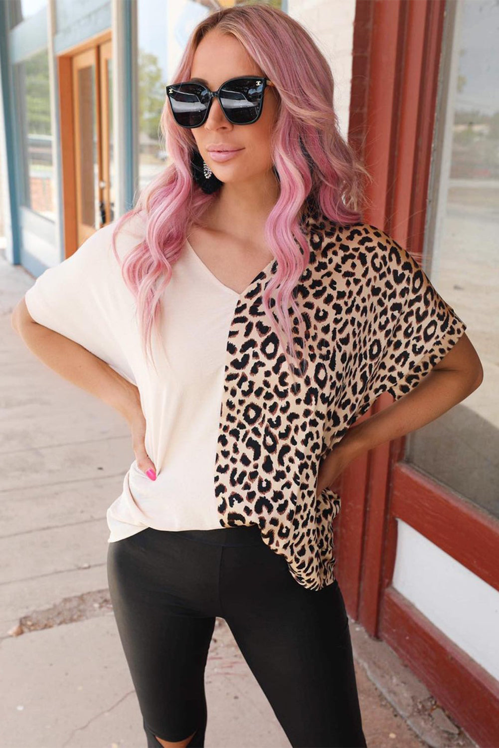 Rose Leopard Color Block Roll Tab Sleeve V Neck Top