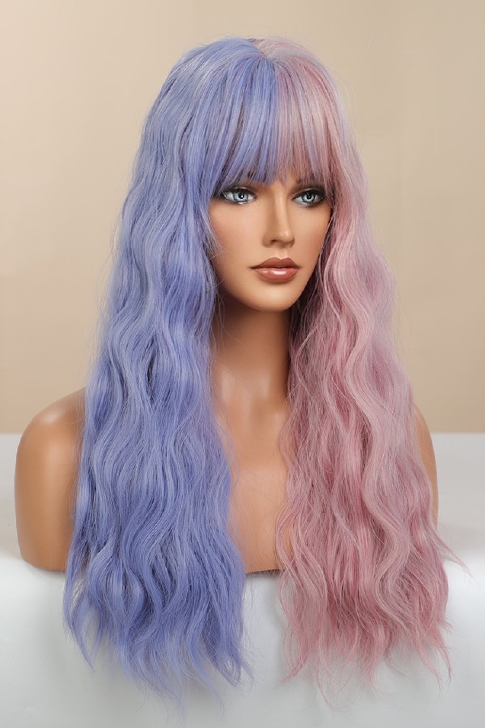 13x1 Full-Machine Synthetic Wig – Long Wavy 26-Inch with Blue/Pink Split Dye