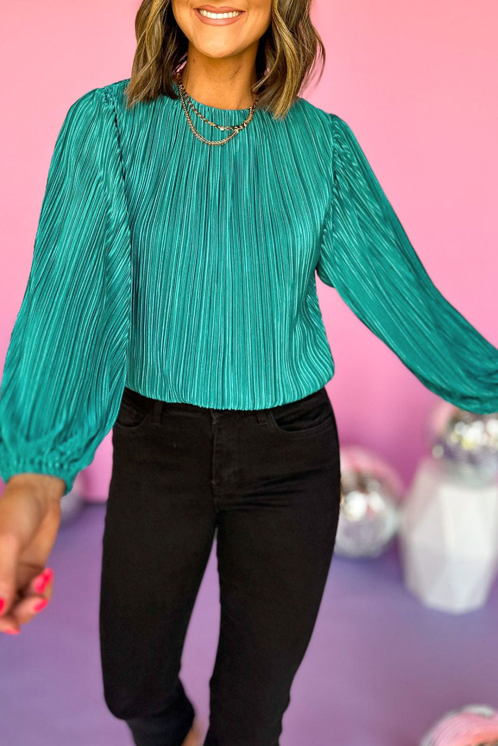 Bonbon Pleated Luster Long Sleeve Blouse