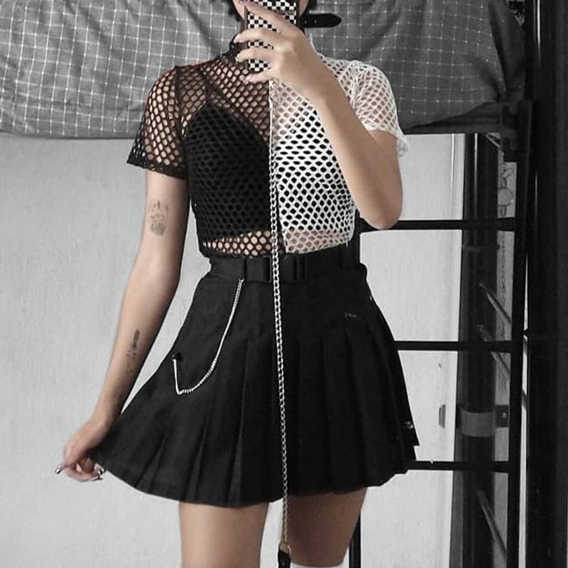 Black And White Color Block Mesh Round Neck Fishnet Sheer Split Color Top T-shirt