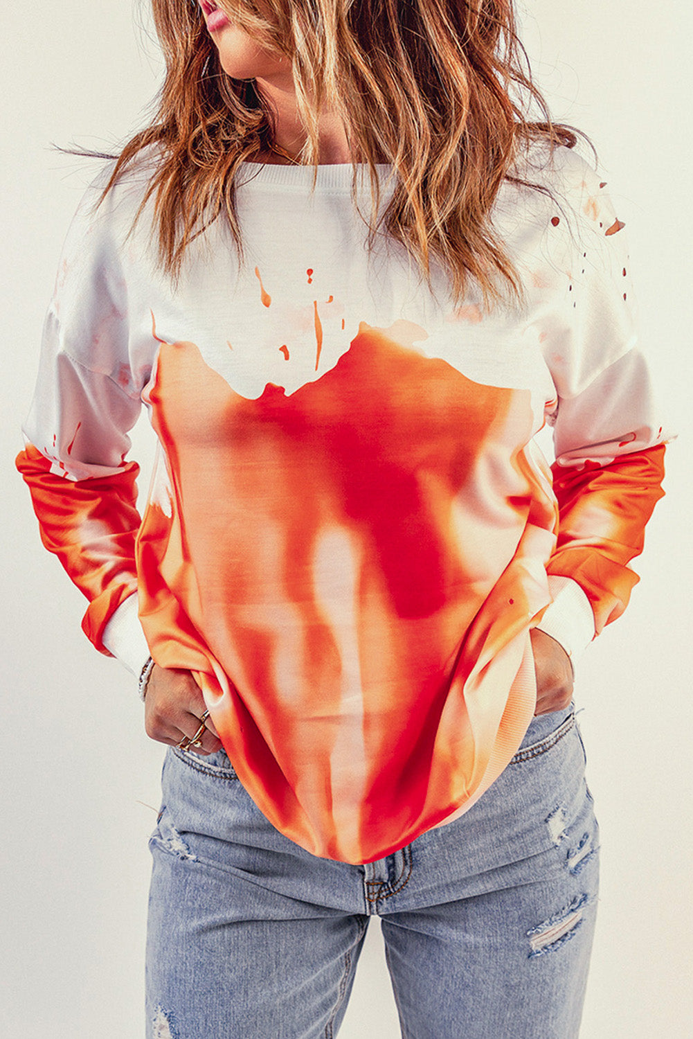 Orange and White Pullover Tie Dye Sweatshirt for Women