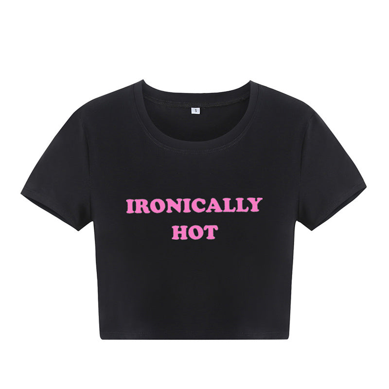 Ironically Hot Graphic Print Retro Throwback Cropped Short Sleeve Tee Shirt