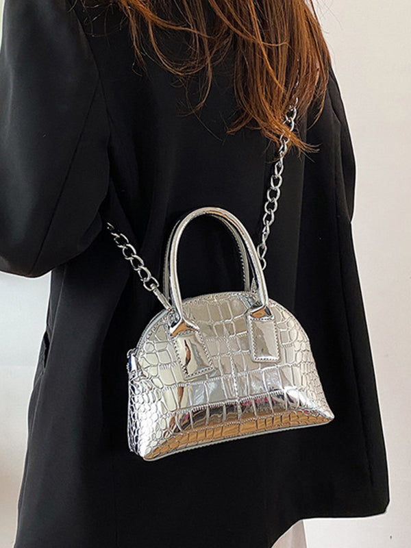 PU Chain Faux Croc Shoulder And Tote Handbag With Chain Strap