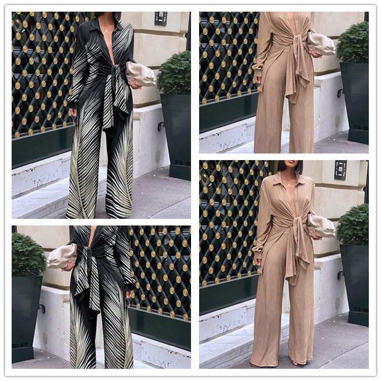 Low Cut Tie Front Blouse And Flowy Wide Leg Graphic Printed Pattern Pants Two Piece Outfit Set