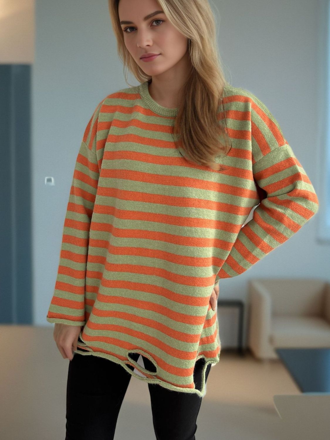 Distressed Striped Round Neck Long Sleeve Sweater