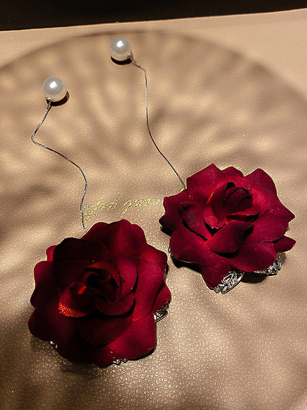 Vintage Elegance Red Rose Floral Pearl Drop Earrings