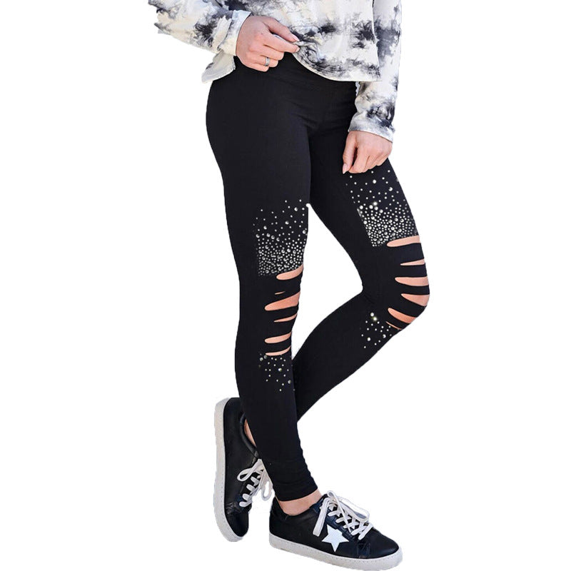 High-waisted Rhinestone Adorned Decorated Ripped Distressed Leggings