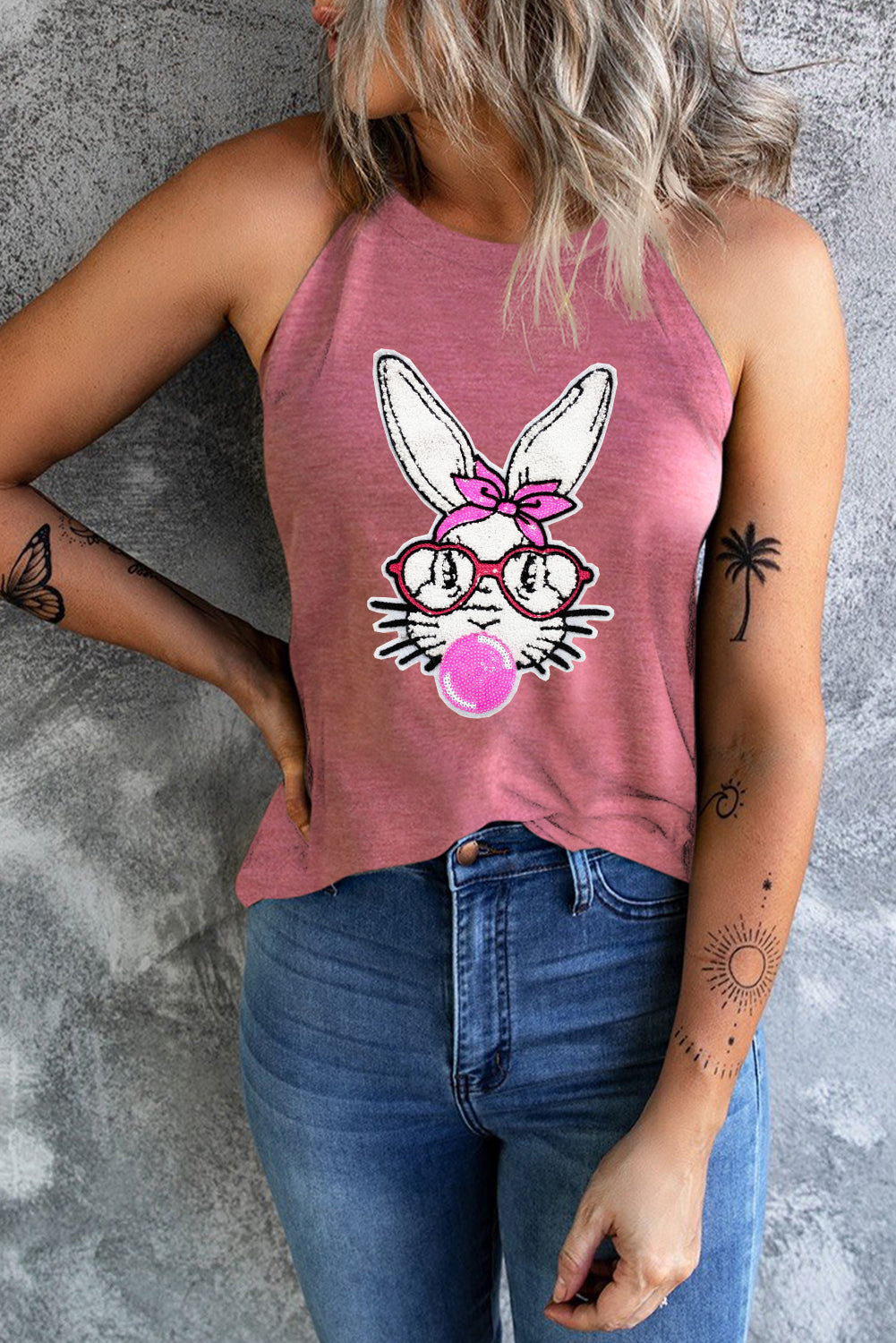 Gray Casual Easter Rabbit Graphic Tank Top