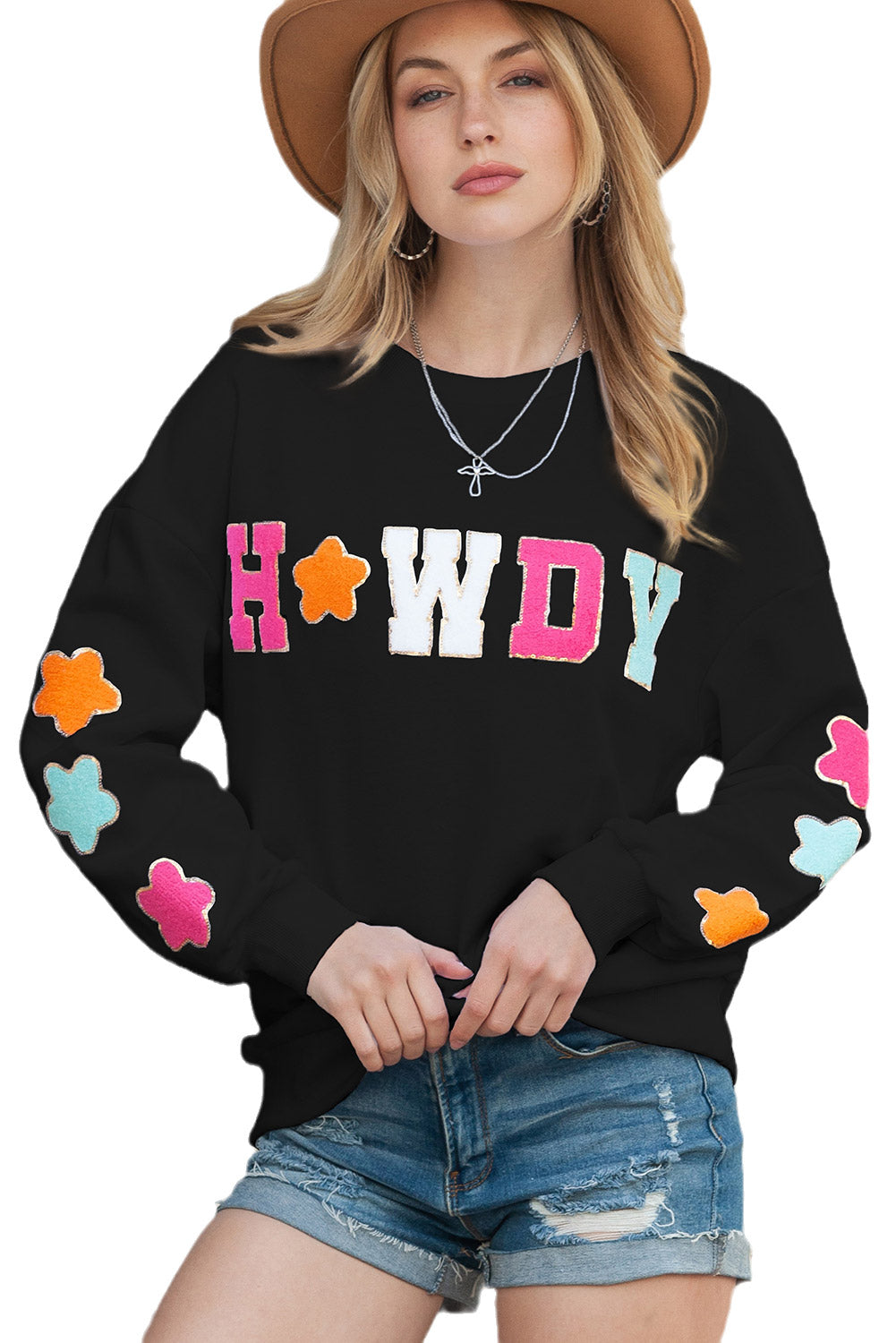 Black Glitter Howdy Patch Casual Star Sweatshirt