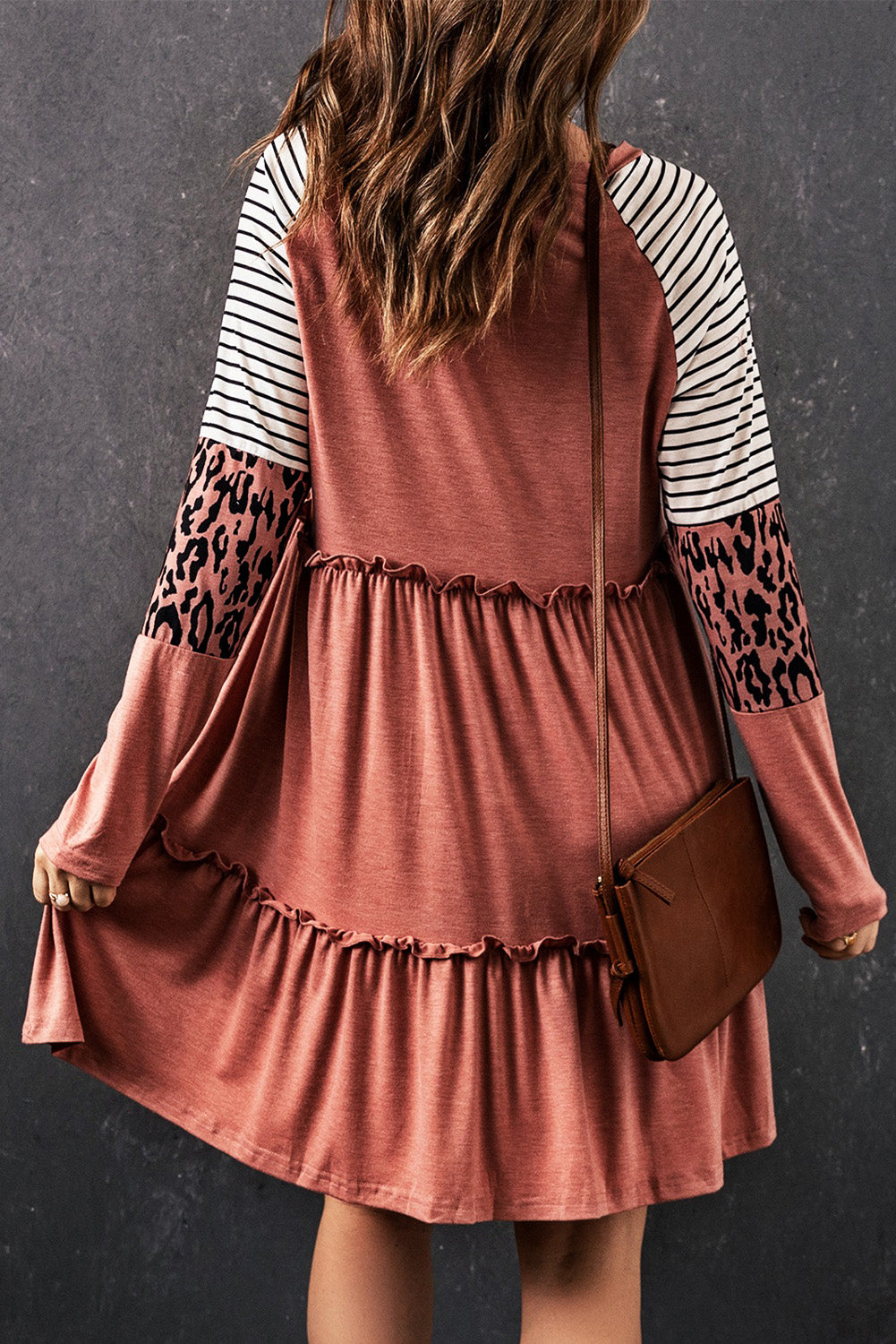 Multicolor Striped Leopard Raglan Sleeve Textured Dress