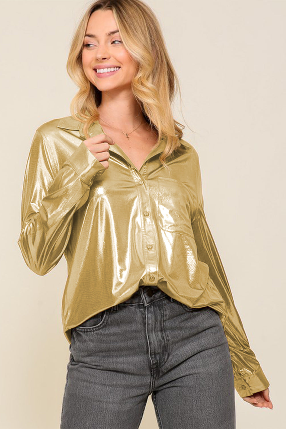 Gold Shiny Metallic Button Up Shirt