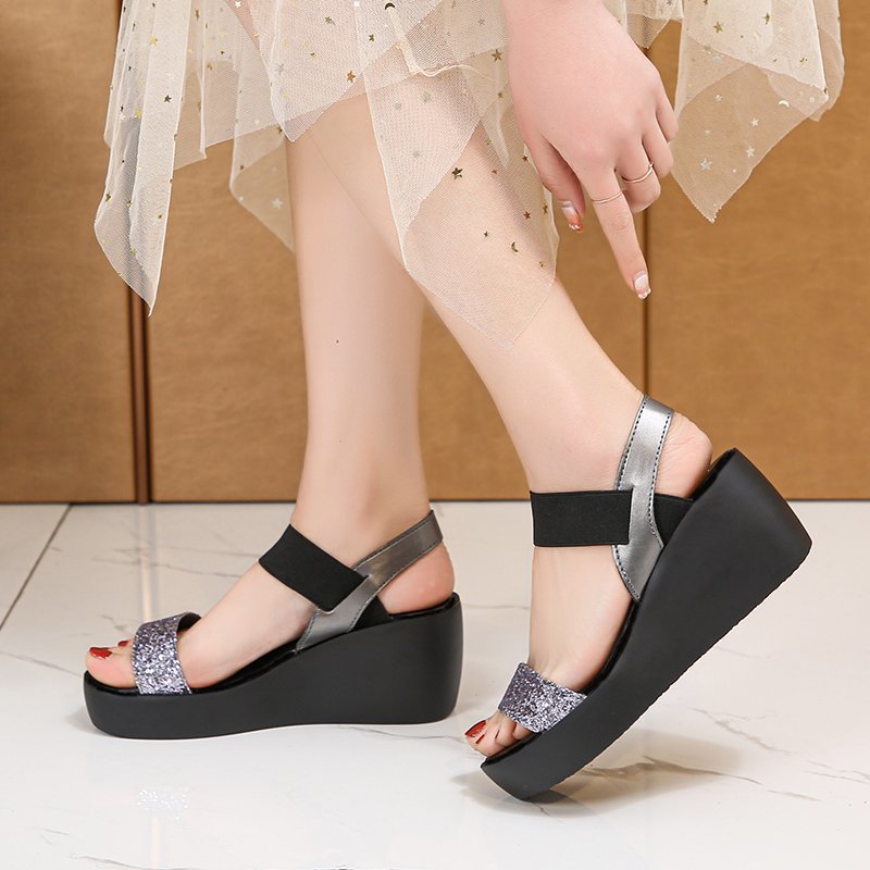 Wedge Heel Mid-Heel Sequined Sandals Women's New Platform Platform Buckle Women's Sandals