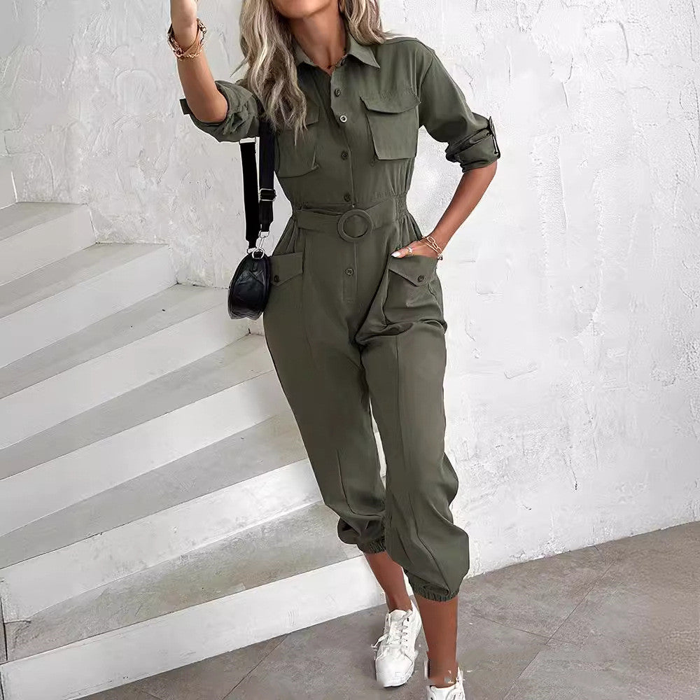 Casual And Sporty Retro Waist-tied Leisure Cargo Jumpsuit