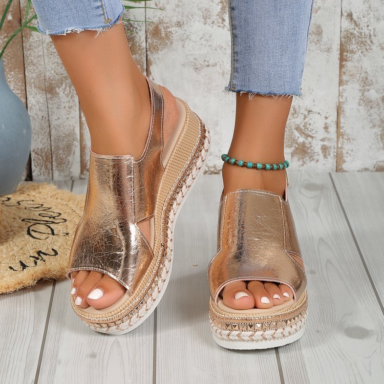 Shiny Metallic PU Leather Look Peep Toe Cut Out Platform Wedge Women’s Sandals