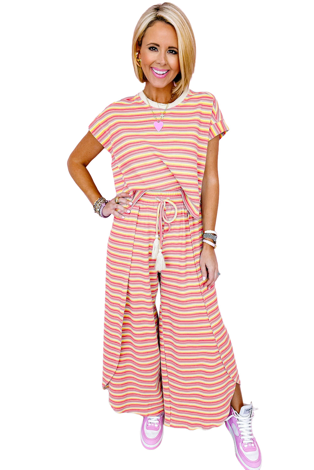 Black Stripe Rainbow Tee and Tassel Drawstring Wide Leg Pants Set