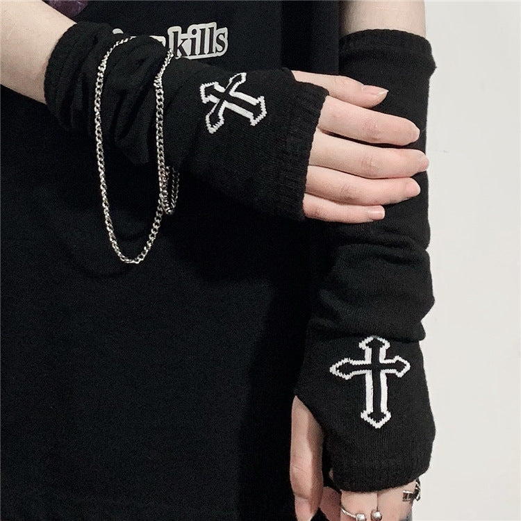 Goth Fingerless Gloves Cross Detail