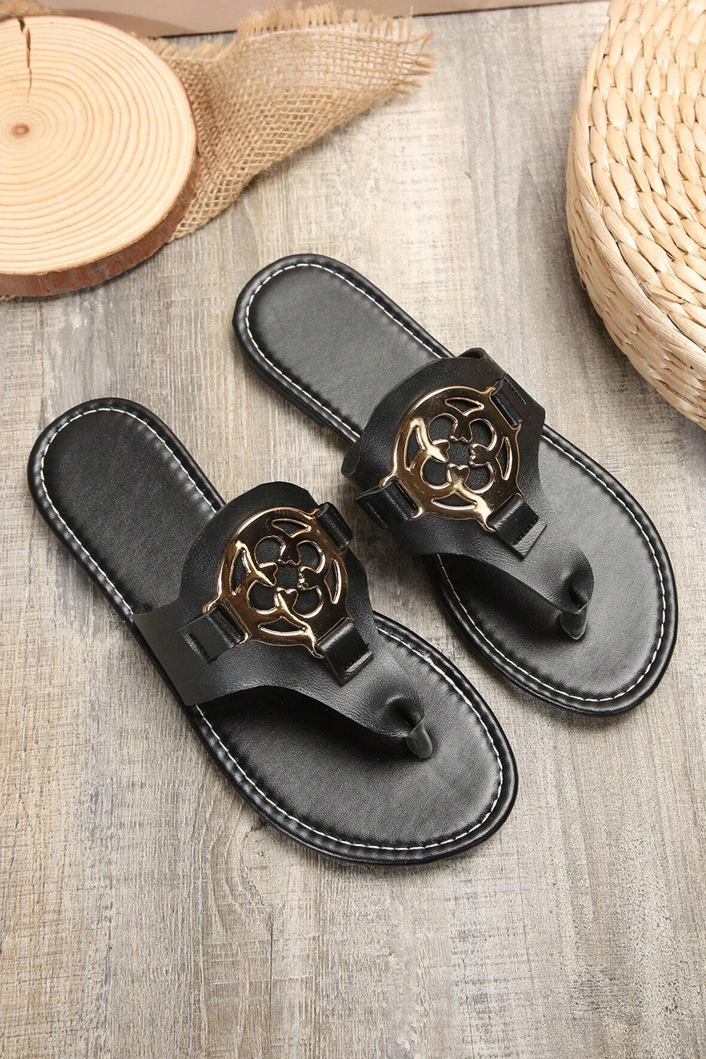 Black Vintage Metal Decor Leather Thong Slippers