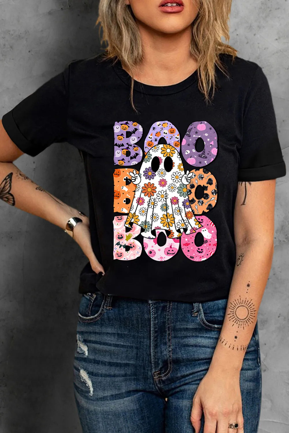 BOO Ghost Graphic Cute Halloween Round Neck Short Sleeve Graphic Print T-Shirt