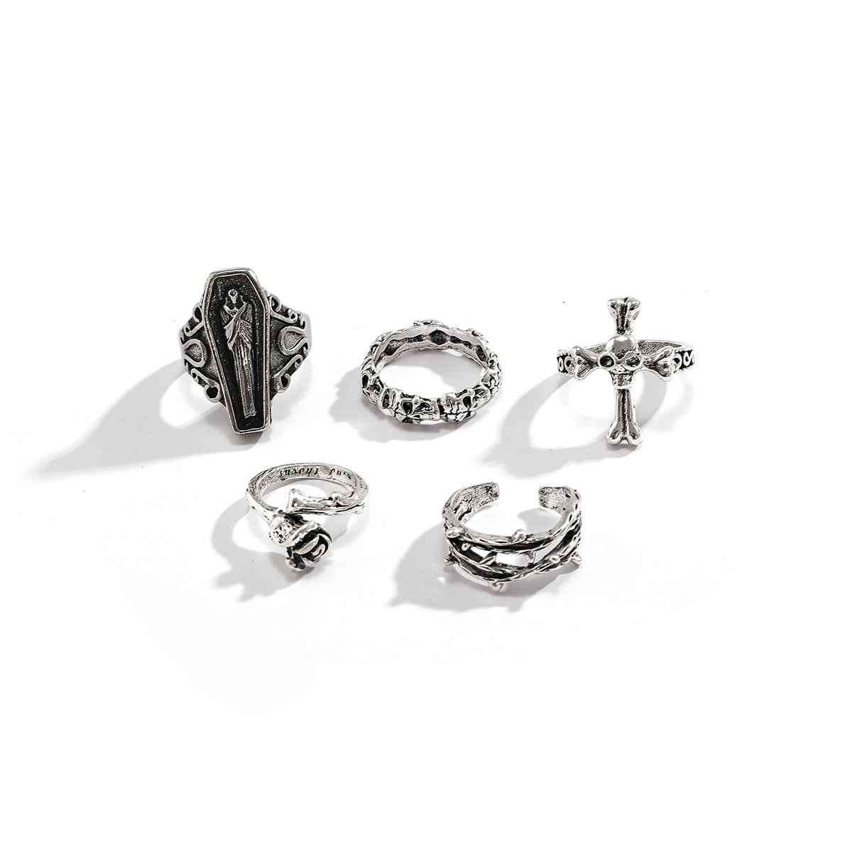 Dark Punk Retro Stackable Carved Bat and Coffin Goth Girl Ring Sets