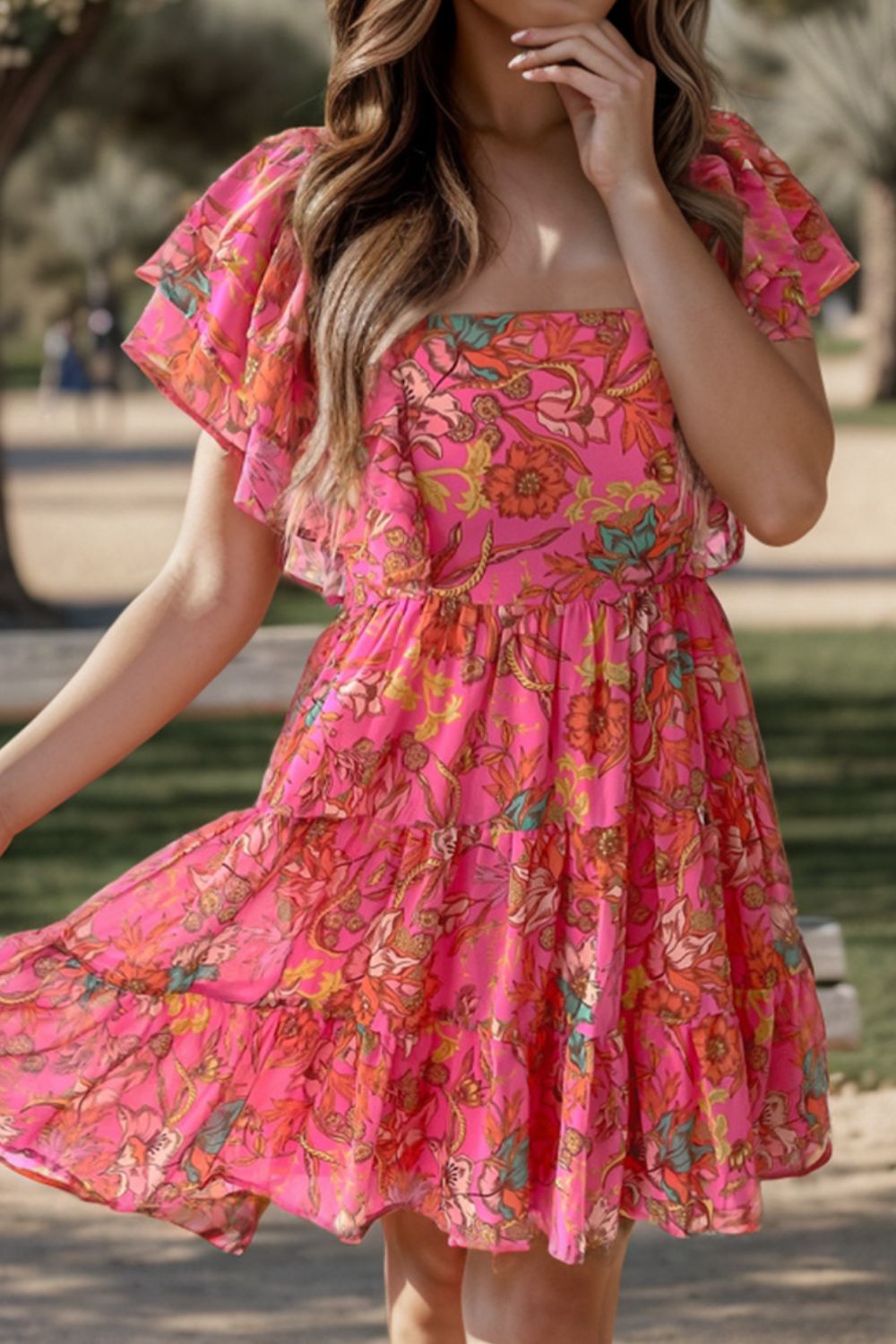 Ruffled Peachy Printed Square Neck Boho Dress