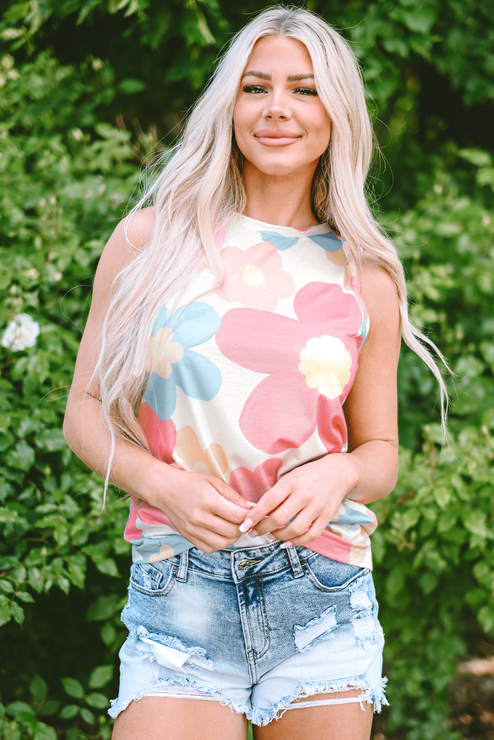 Pink Floral Print Sleeveless Top | Round Neck Women’s Blouse