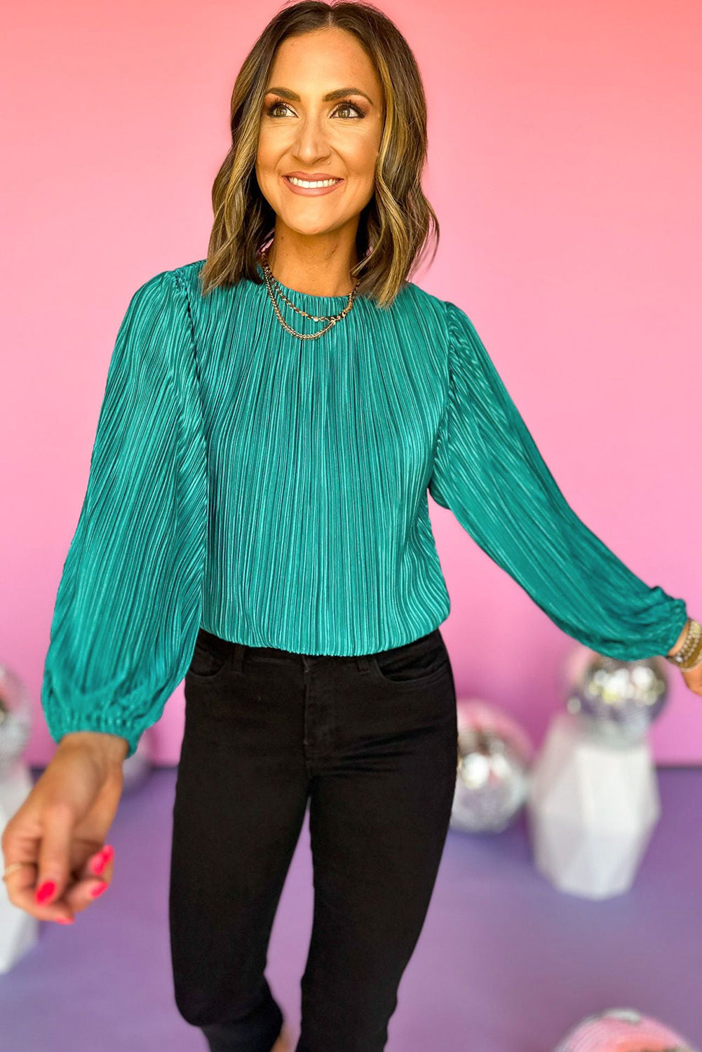 Bonbon Pleated Luster Long Sleeve Blouse