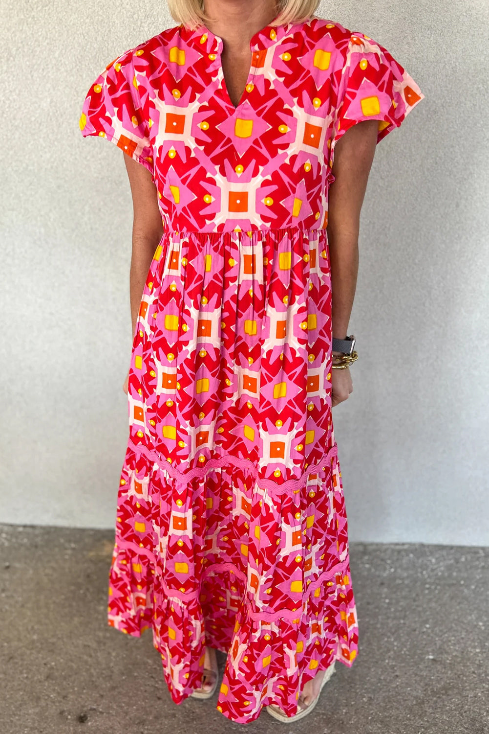 Strawberry Pink Boho Abstract Print Pleated Flounce Sleeve Maxi Dress