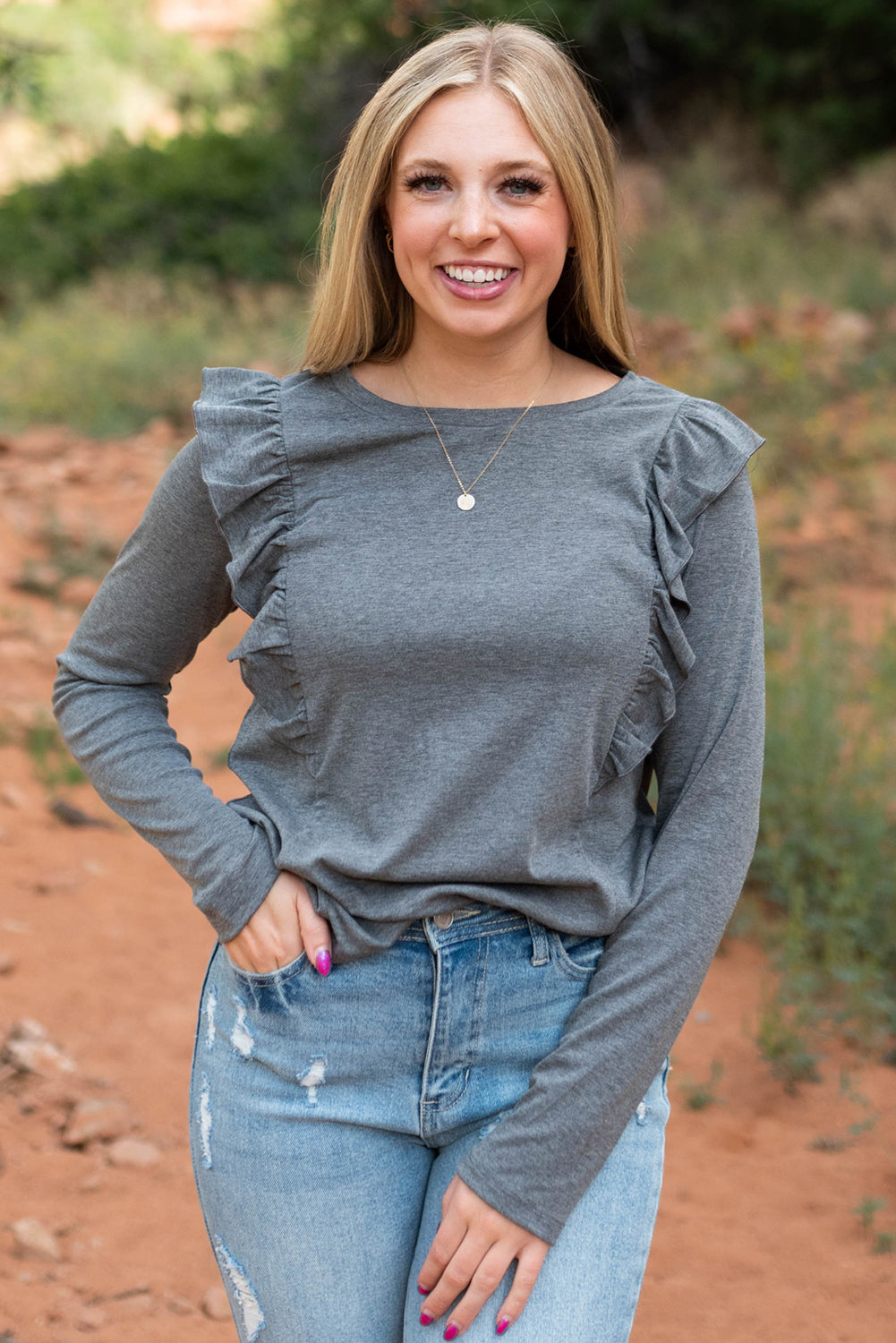 Dark Grey Solid Color Ruffled Crew Neck Long Sleeve Top