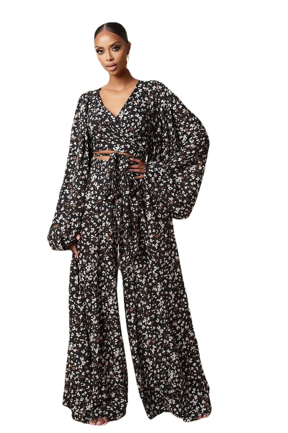 Long Sleeved Tie Around Waist All Over Print Loose Wide-leg Flowy Pants Suit Two Piece Outfit Sets