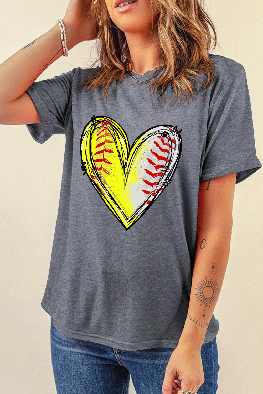 Gray Baseball Heart Shape Graphic Crew Neck T Shirt