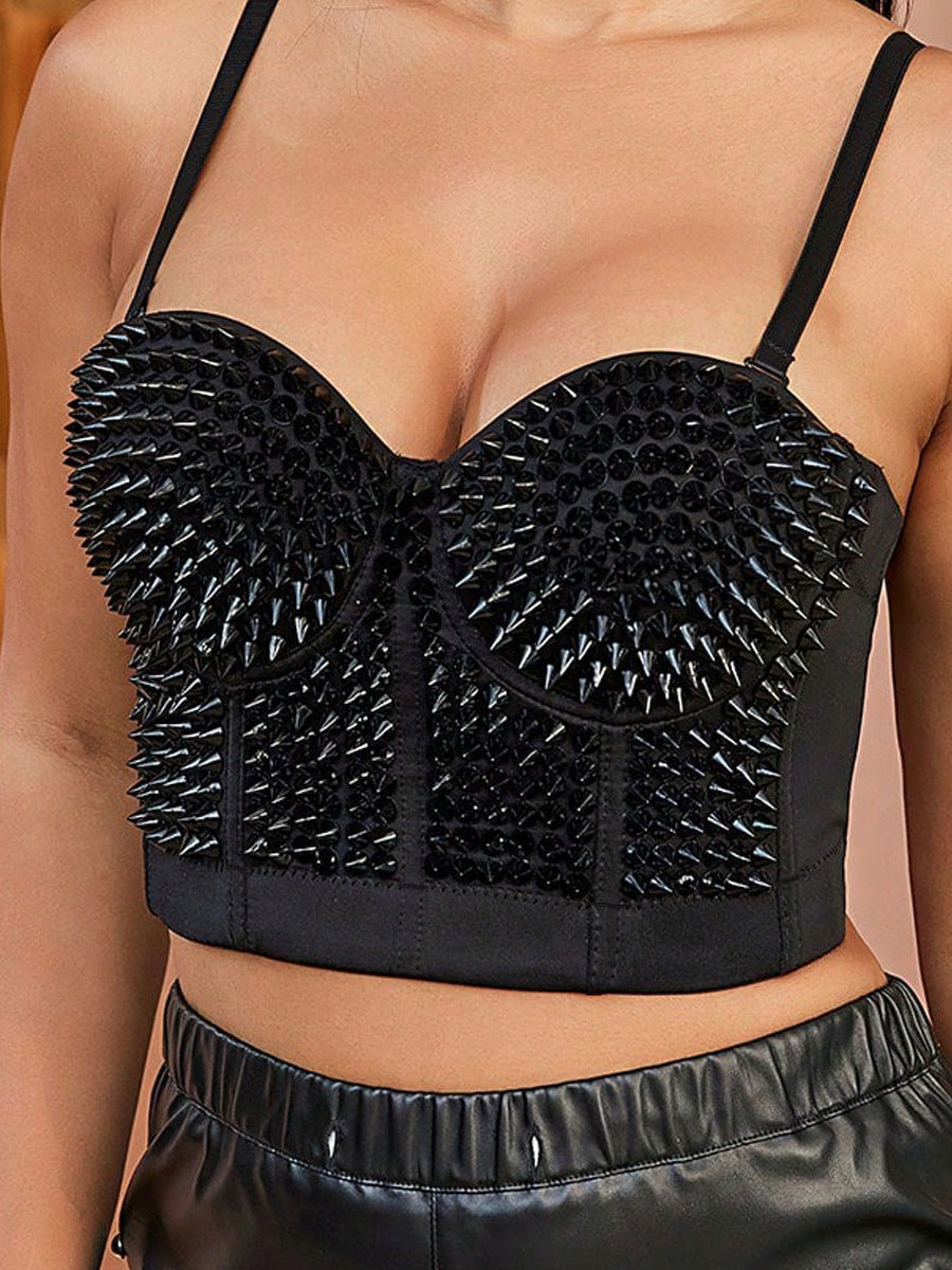 Studded Spaghetti Strap Rhinestone Bustier Style Crop Top Festival Fashion