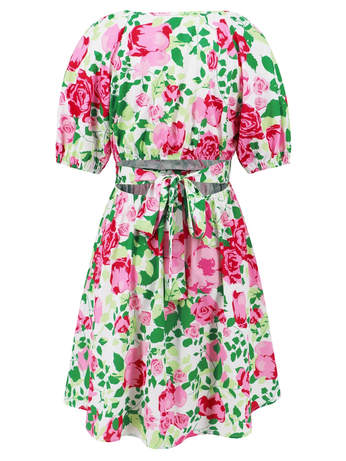 Bright Floral Printed V Neck Pleated Boho Short Sleeve Dress