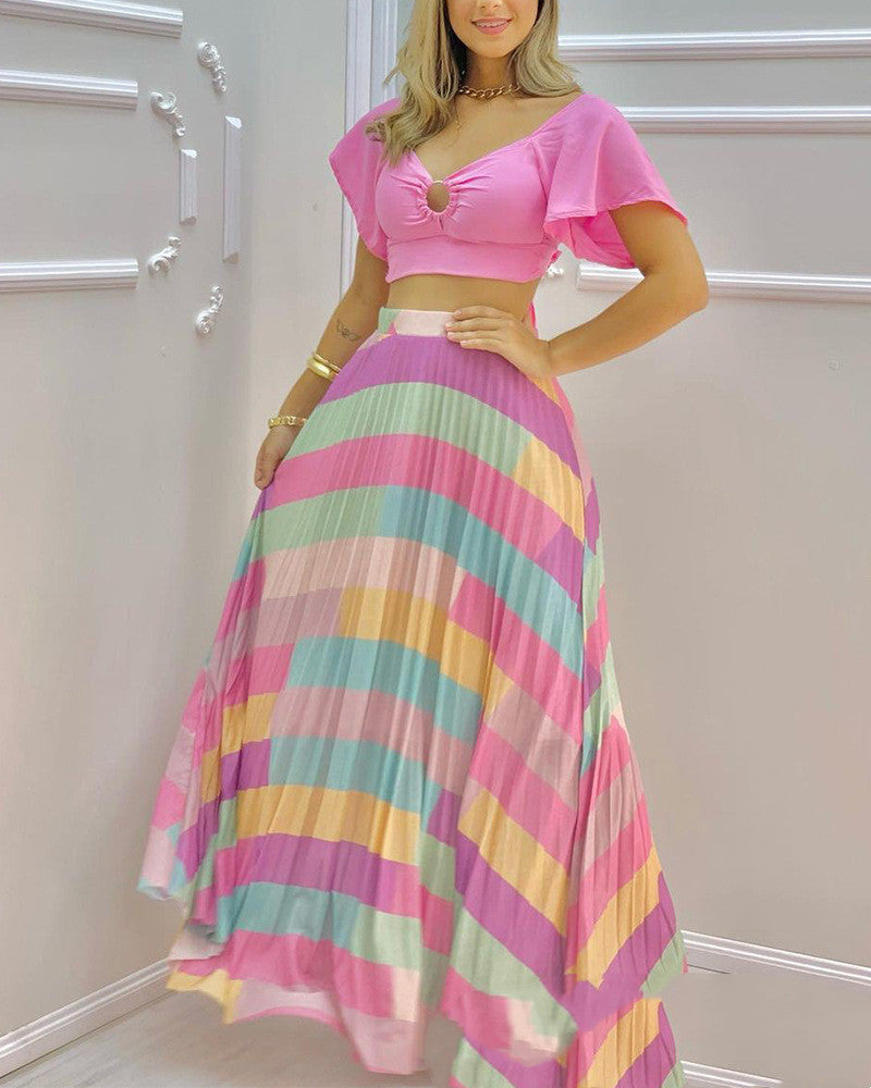 Women's Pink Sweetheart Crop Top and Colorful Pastel Striped Maxi Skirt Two Piece Set