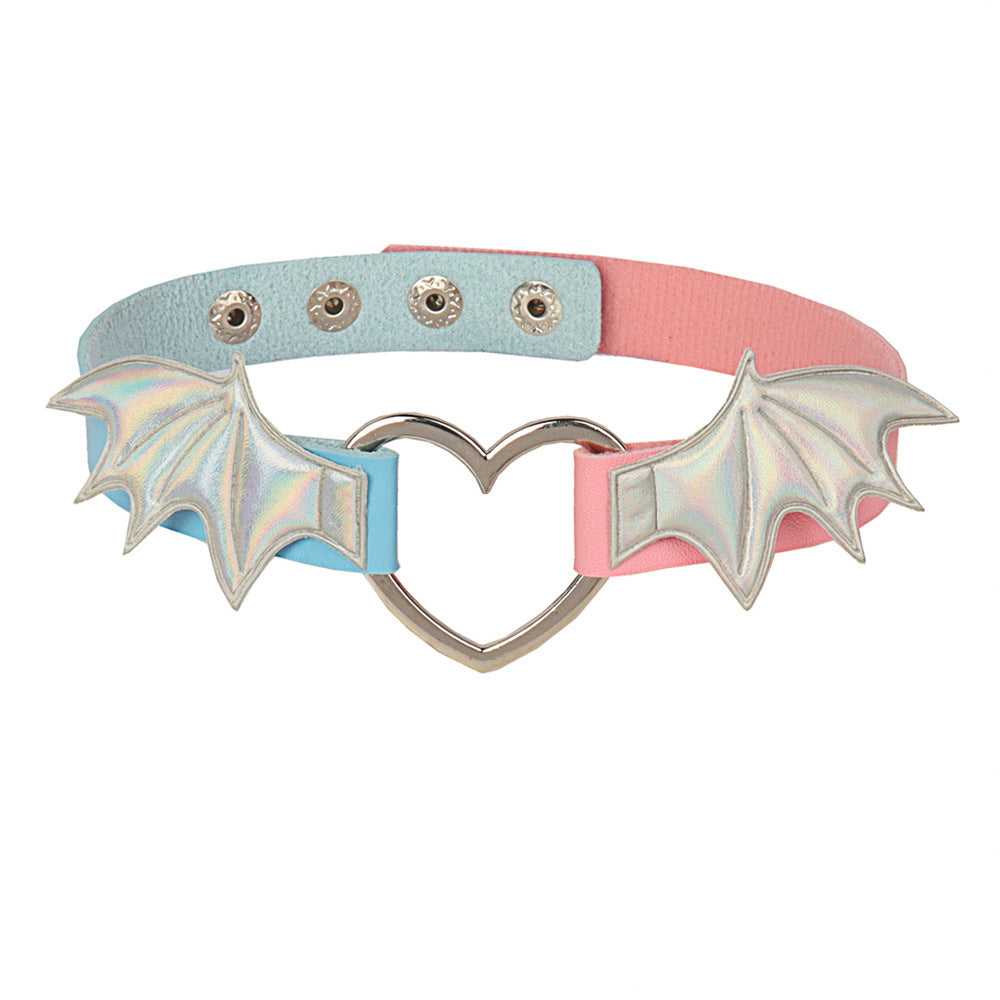 Dark Love Metal Heart Bat Wing Leather Collar Goth Choker Necklace