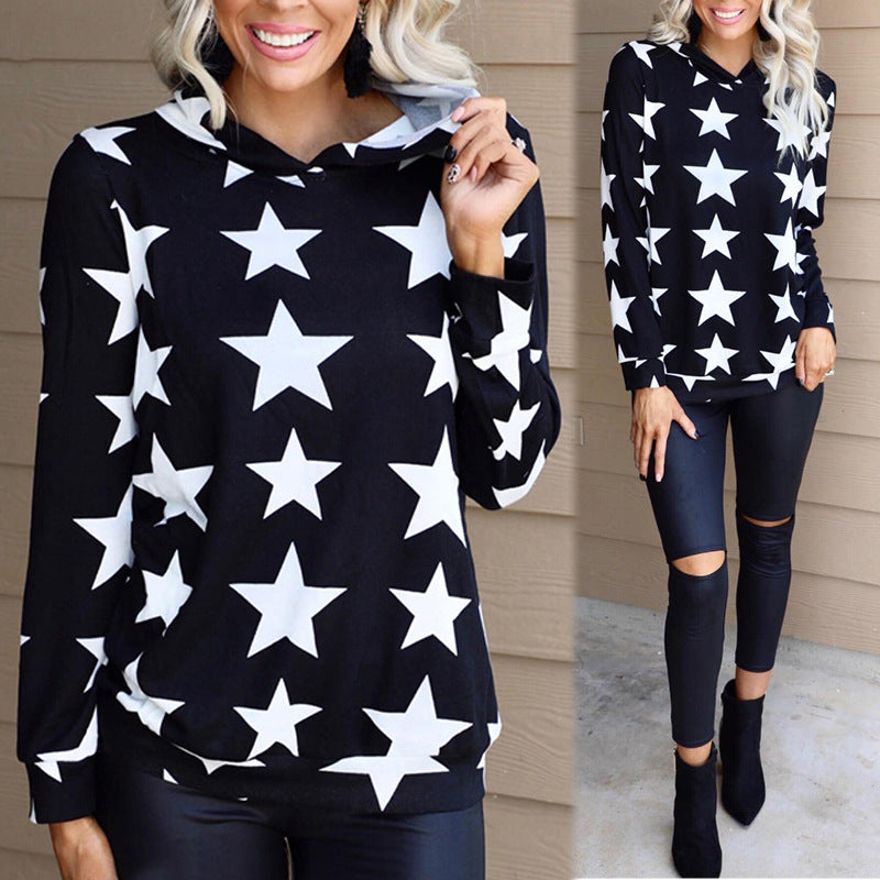 Hooded Long Sleeve Loose Sweatshirt with Star Pattern