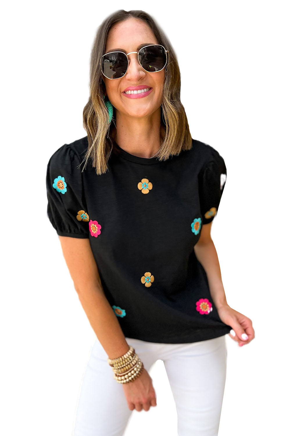 Black Embroidered Flower Short Puff Sleeve Tee