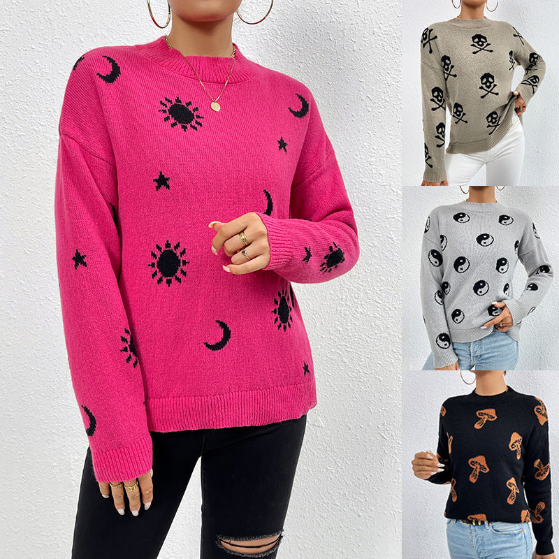 Jacquard Round Neck Pullover Knitted Sweater Women