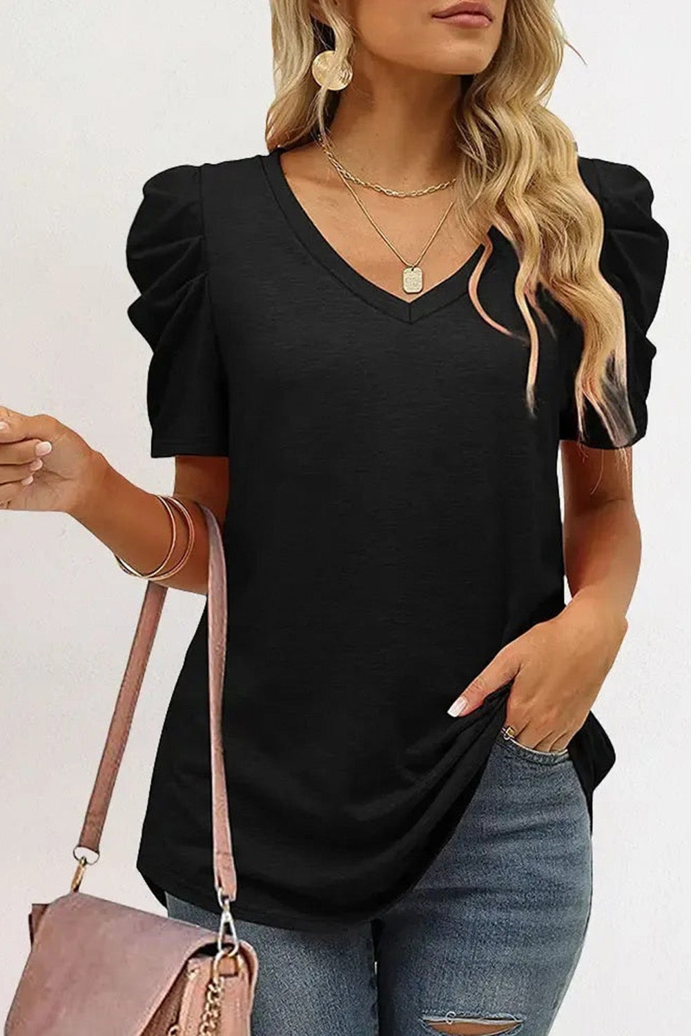 Black Puff Sleeve Casual V Neck T-Shirt