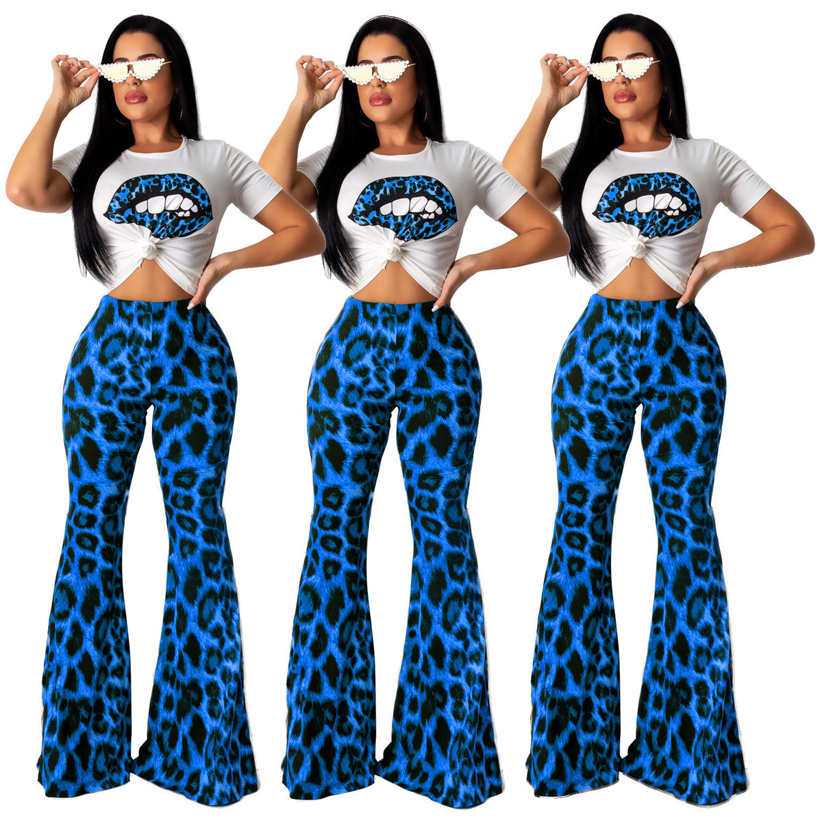 Leopard Print Lip Printings Bell-bottom Pants Two-piece Set