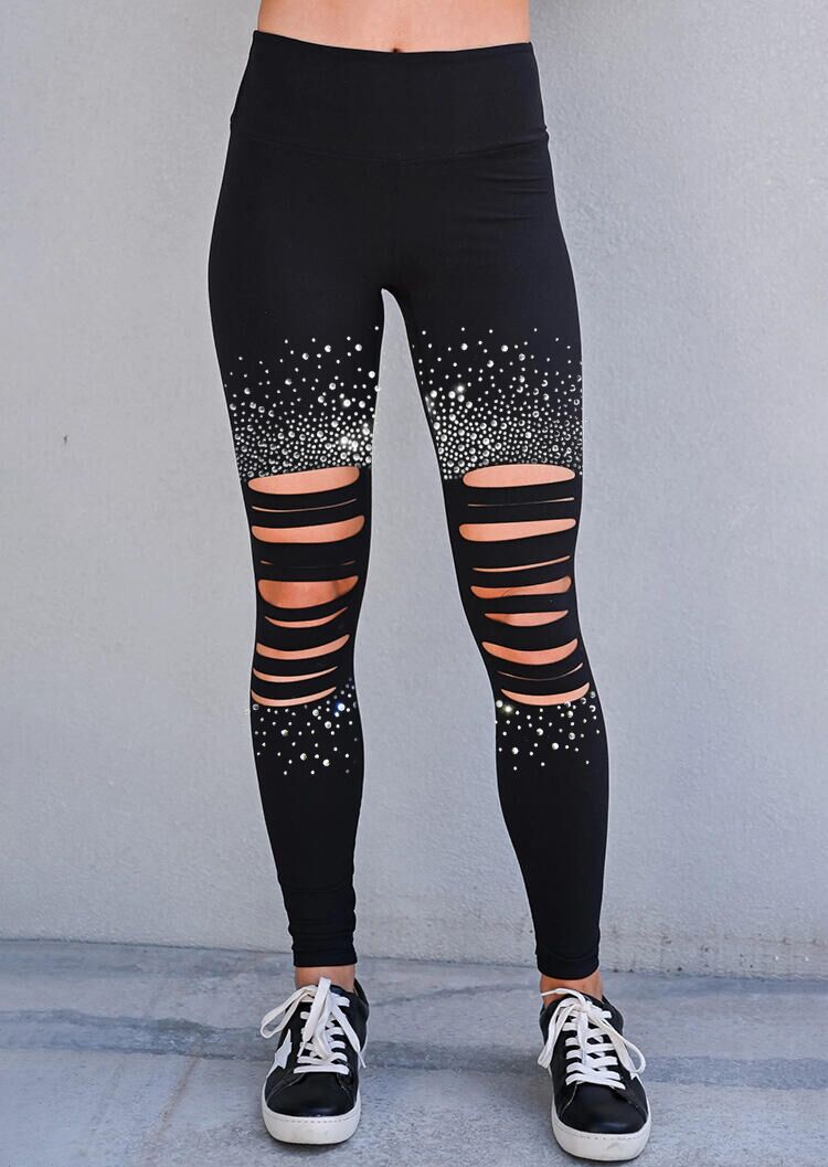 High-waisted Rhinestone Adorned Decorated Ripped Distressed Leggings