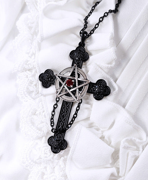 Goth Pentagram Cross Black Metal Pendant Necklace