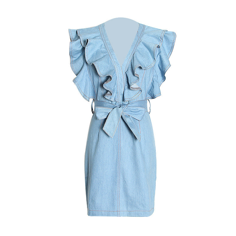 Deep V-neck Large Ruffle Sleeveless Denim Dress