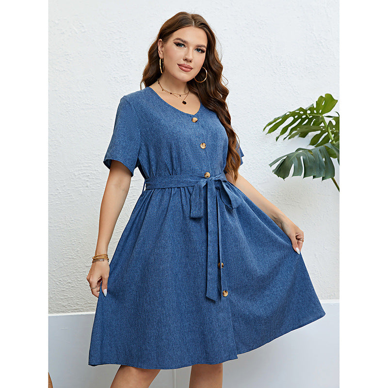 Blue Denim Lace-up Tie At Waist Dress