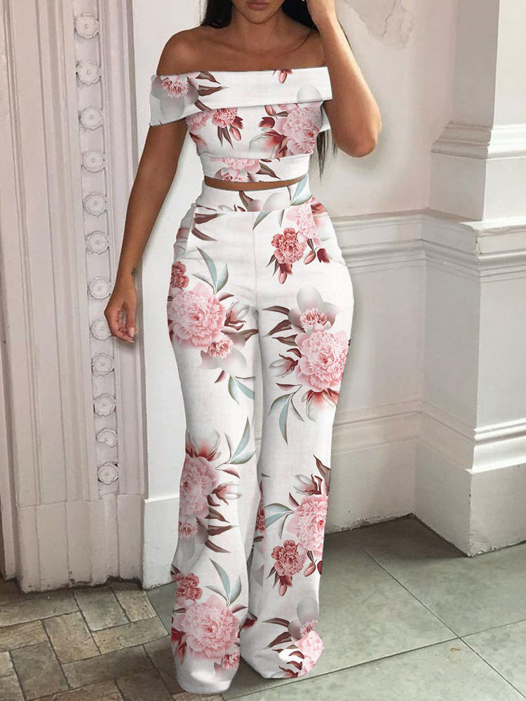 Women's Tropical Print And Checkered Print Option Off-Shoulder Crop Top And High Waist Pants Two Piece Outfit Set